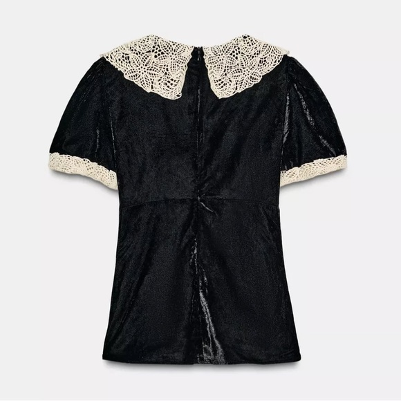 Zara NWT Black Velvet Crochet Bow Top/Shirt/Blouse size XL - Picture 7 of 17